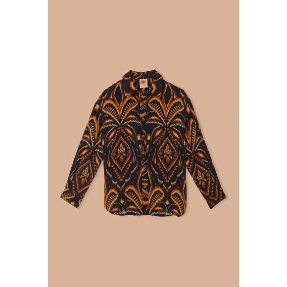 NWT Farm Rio PINEAPPLE IKAT BLUE Button Down Shirt Long Sleeve Small - Picture 1 of 4